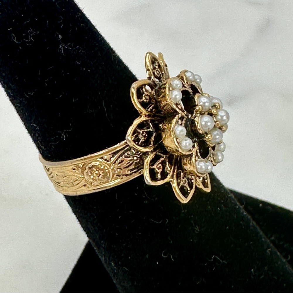 Vintage Cocktail Ring Victorian Revival Gold Tone Filigree Faux Pearl Adjustable - Picture 2 of 9
